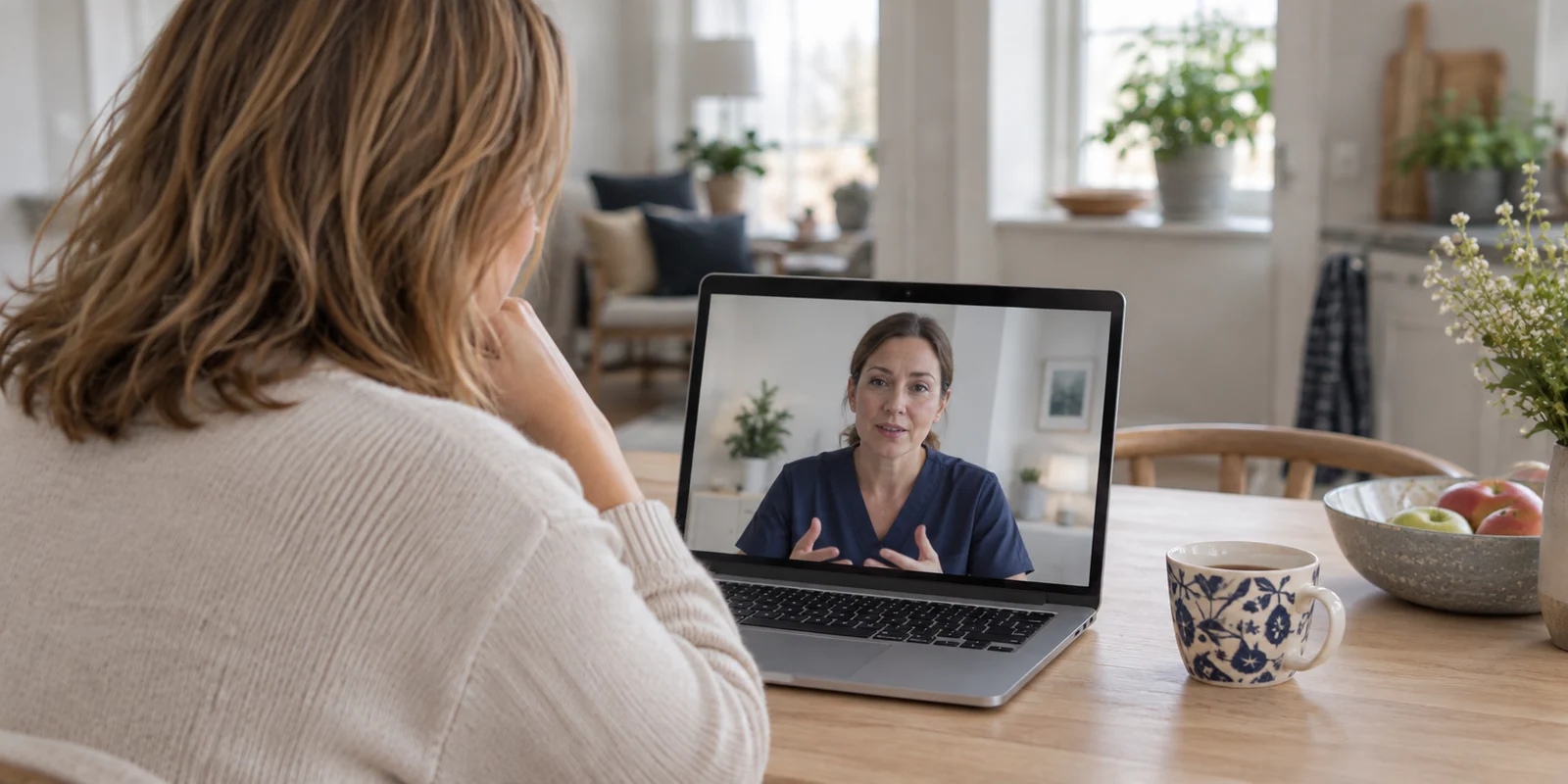 En kvinna deltar i ett videosamtal hemifrån