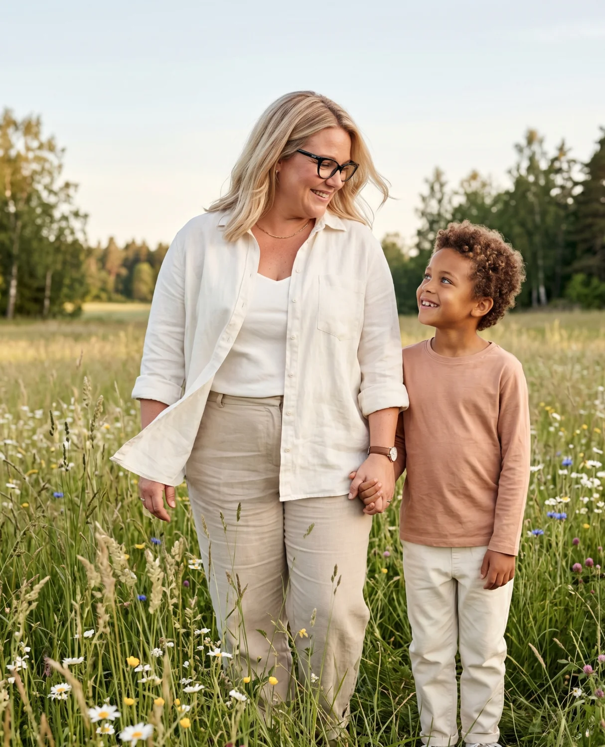 En mamma och hennes son håller varandra i handen på en sommaräng i kvällssol